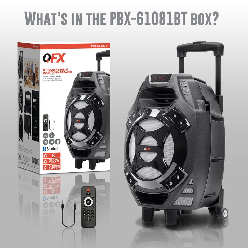 QFX PBX-61081 Rechargeable Portable Speaker | 8" Woofer | 400 Watts | Bluetooth, AUX, SD Card, FM Radio | Handle, Wheels, 12 Lbs | Perfect for Tailgating, Indoors, Outdoors Audio | Silver - Image 5
